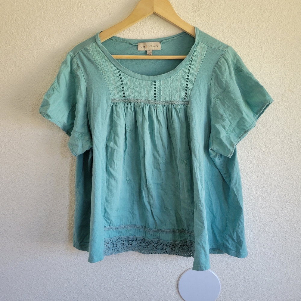 Live & Let Live Plus Size Boho Embroidered Aqua Blouse Tee Womens Size 2X